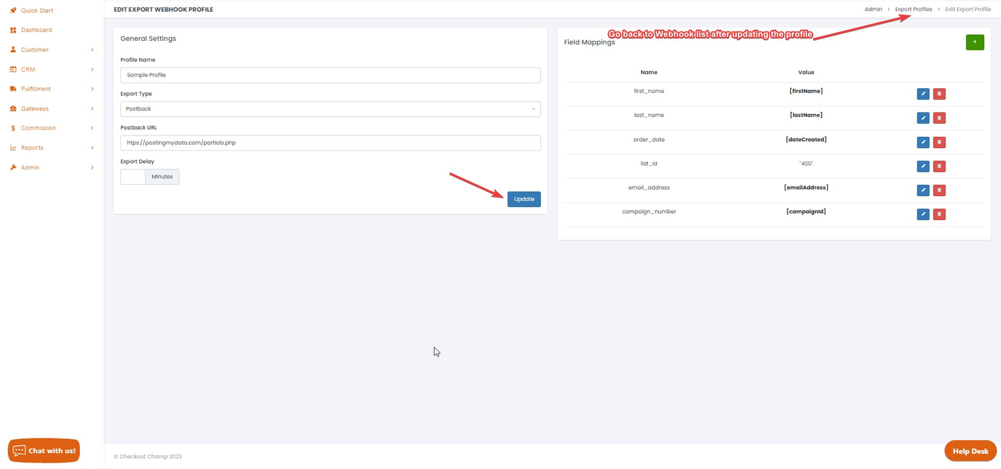 Edit Export Webhook Profile page showing General Settings and Field Mappings