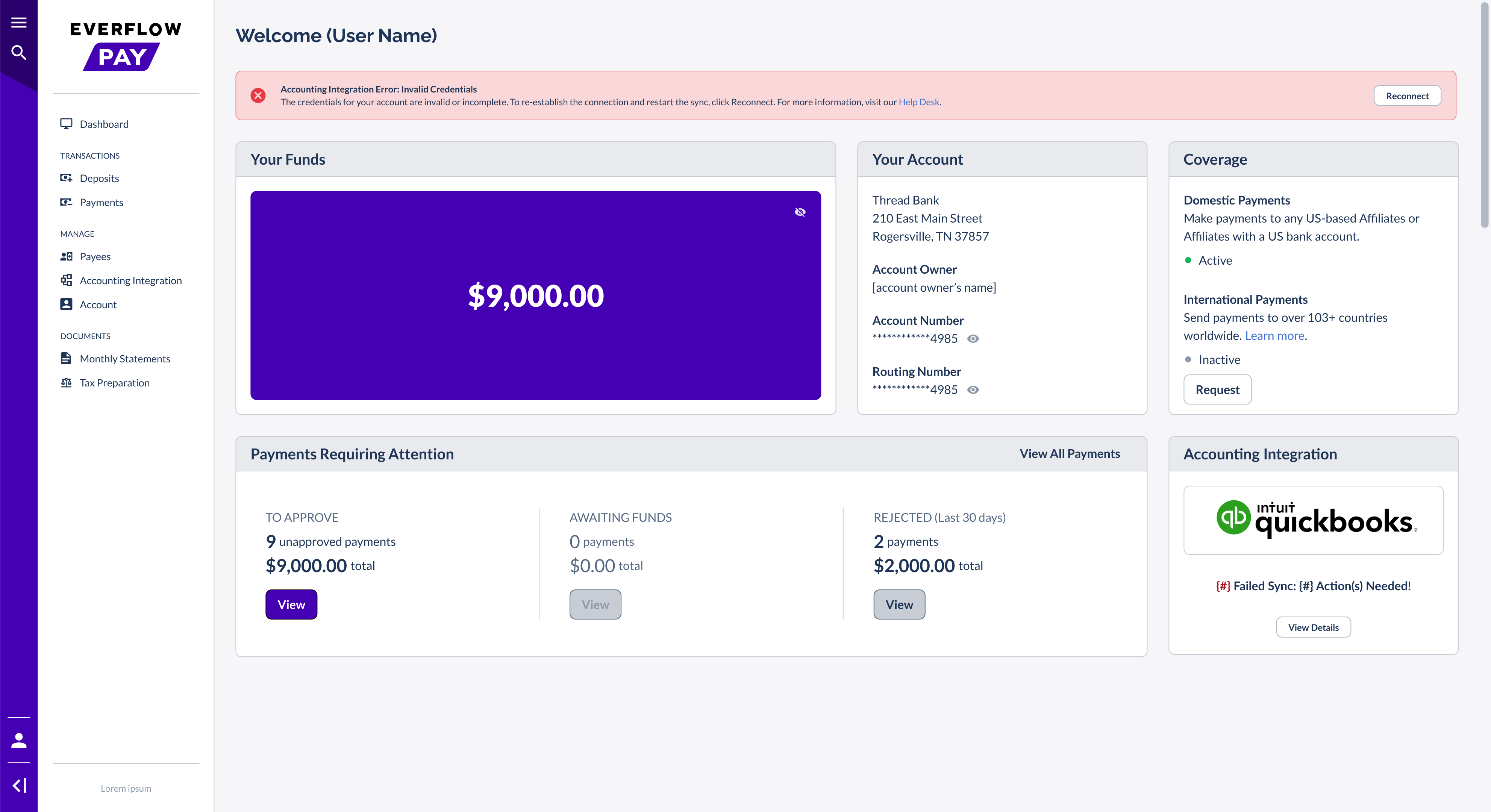 Dashboard showing red connection error banner with Reconnect button