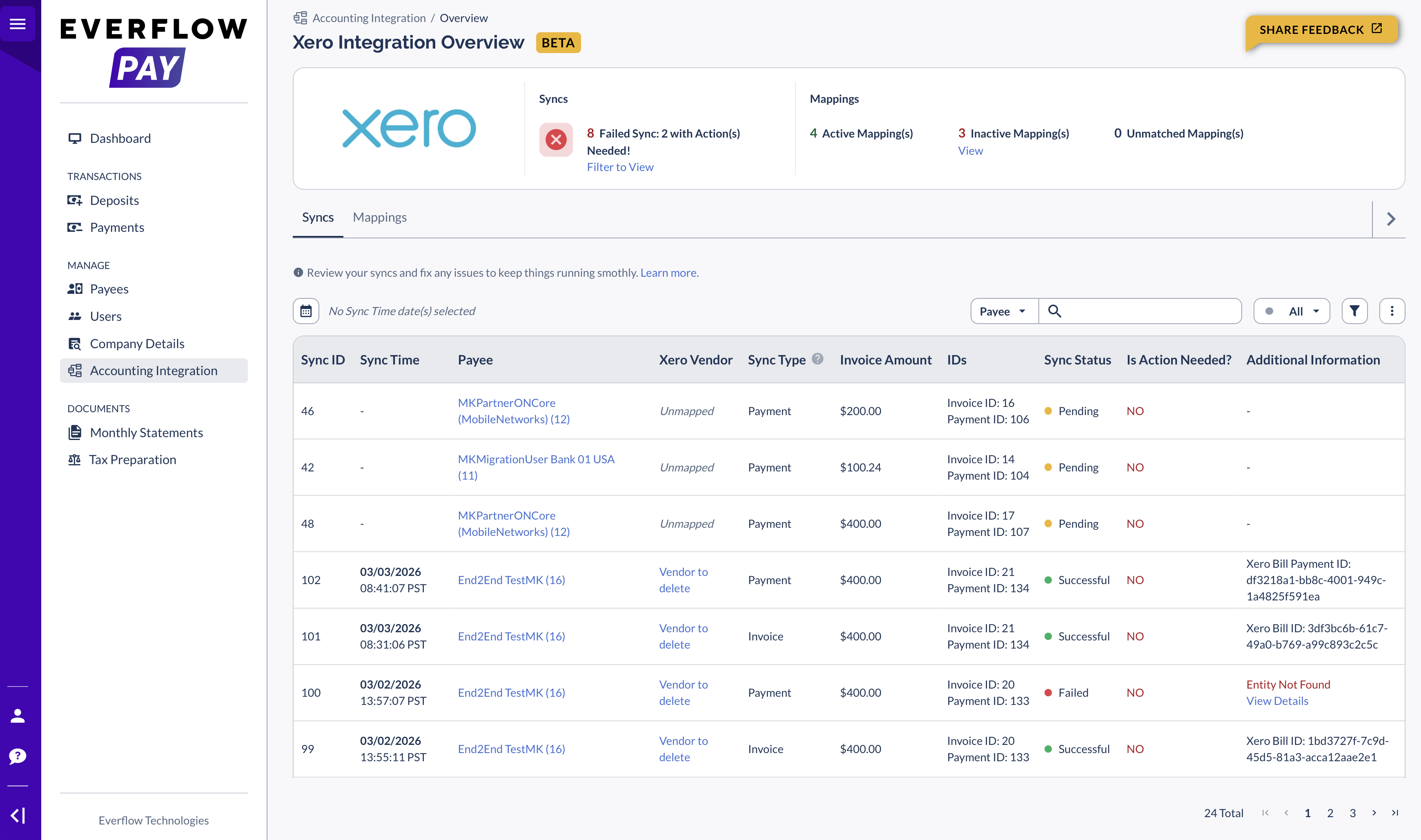 Syncs tab showing real sync records with successful and failed statuses