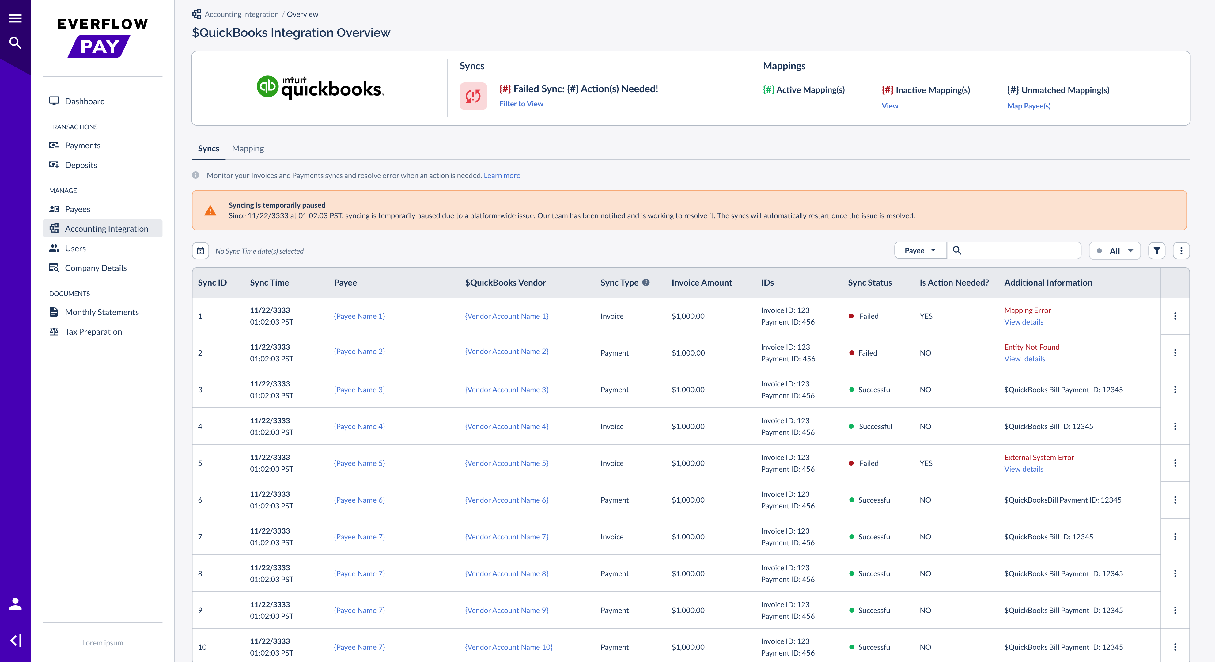 Orange banner showing syncing is temporarily paused platform-wide
