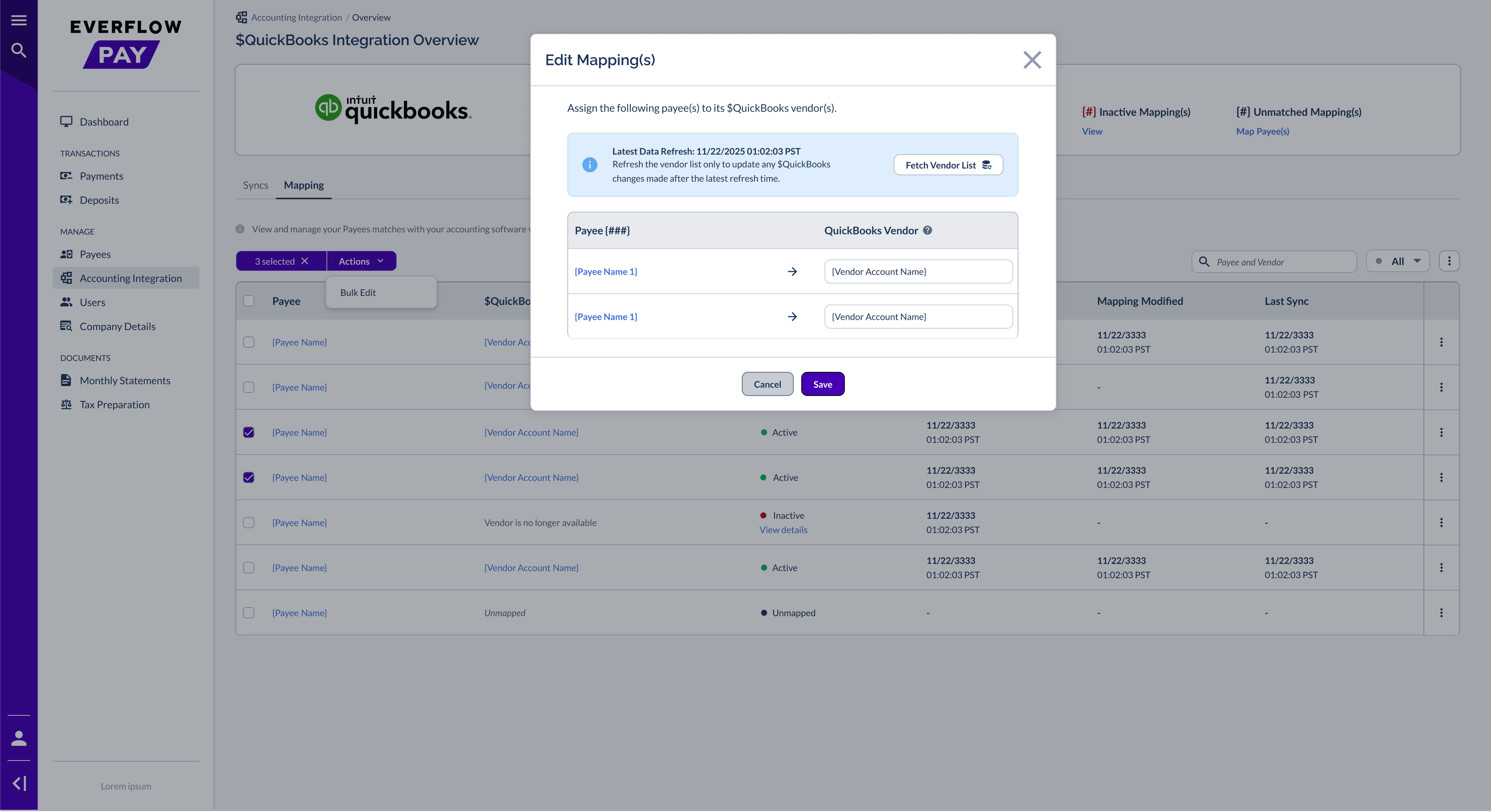 Bulk Edit Mapping(s) modal with multiple Payees selected
