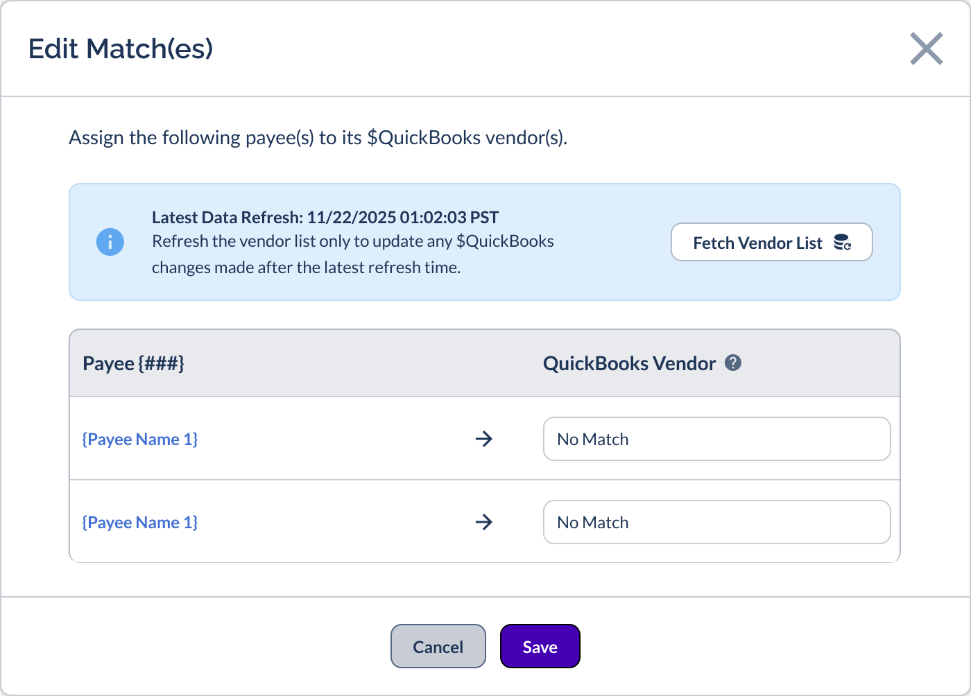 Edit Match(es) modal showing Payee-to-Vendor assignment with Fetch Vendor List button