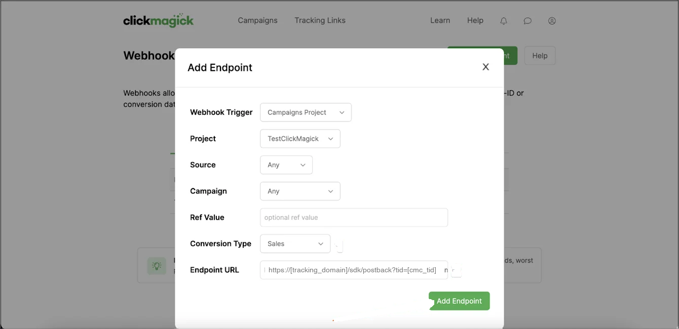 ClickMagick Add Endpoint form showing Conversion Type set to Sales and the Endpoint URL field