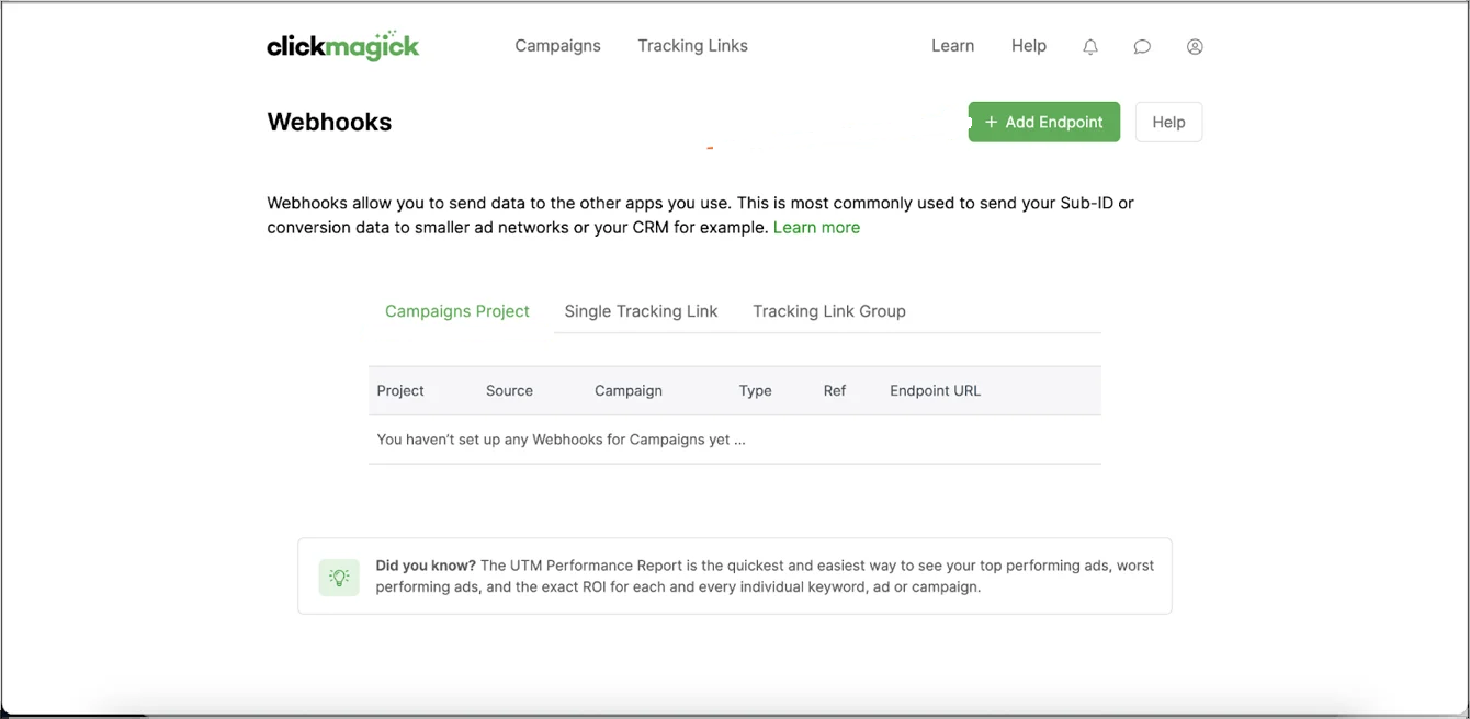 ClickMagick Webhooks page with the Add Endpoint button highlighted