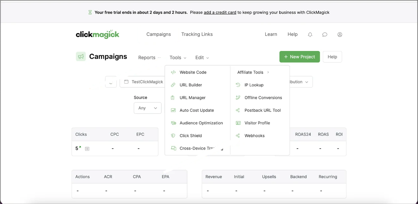 ClickMagick Campaigns dashboard showing the Tools dropdown menu with Webhooks option