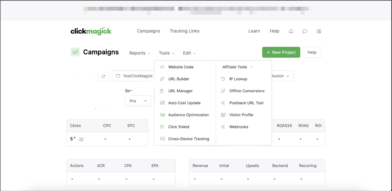 ClickMagick Campaigns dashboard showing the Tools dropdown menu with URL Builder option