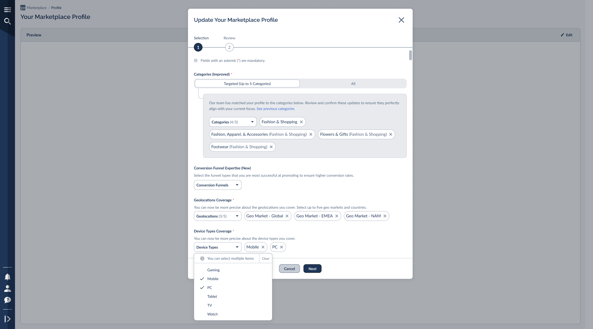Partner Profile Step 1: Categories with Targeted and All toggle, Conversion Funnel Expertise, Geolocations Coverage, Device Types Coverage