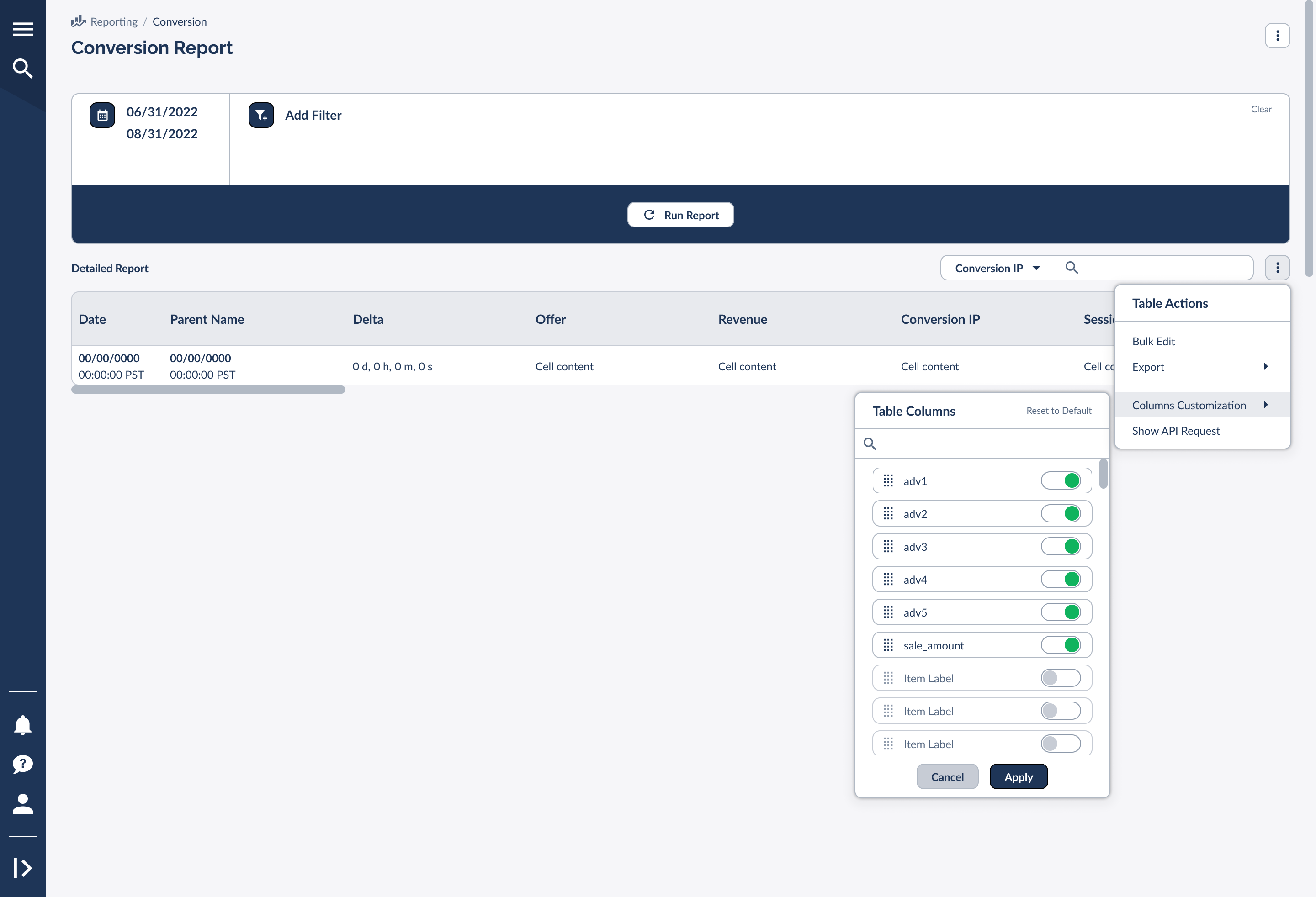 Partner Platform Conversion Report with Columns Customization panel showing adv1-adv5 and sale_amount toggles