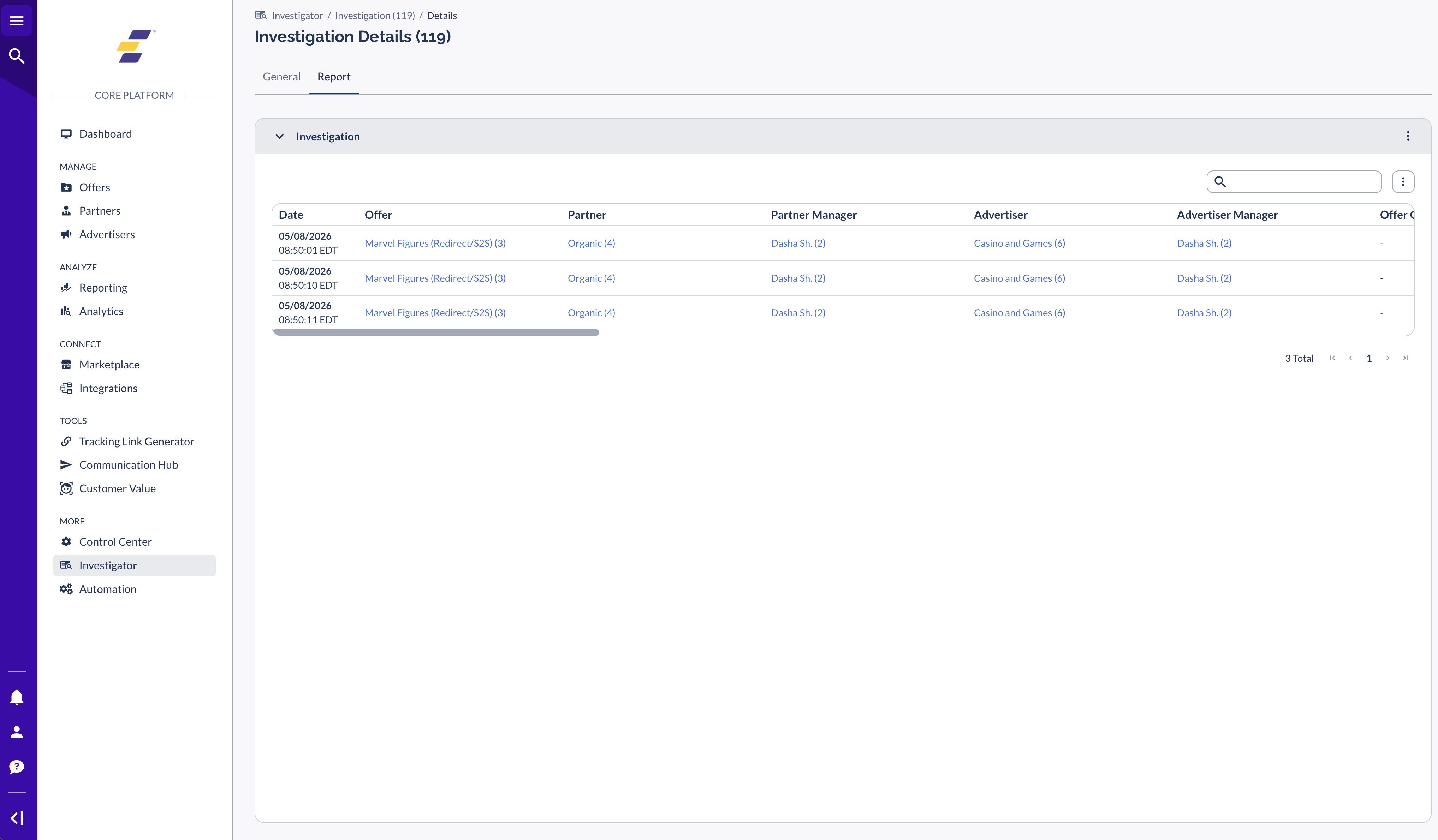 Investigator results summary table