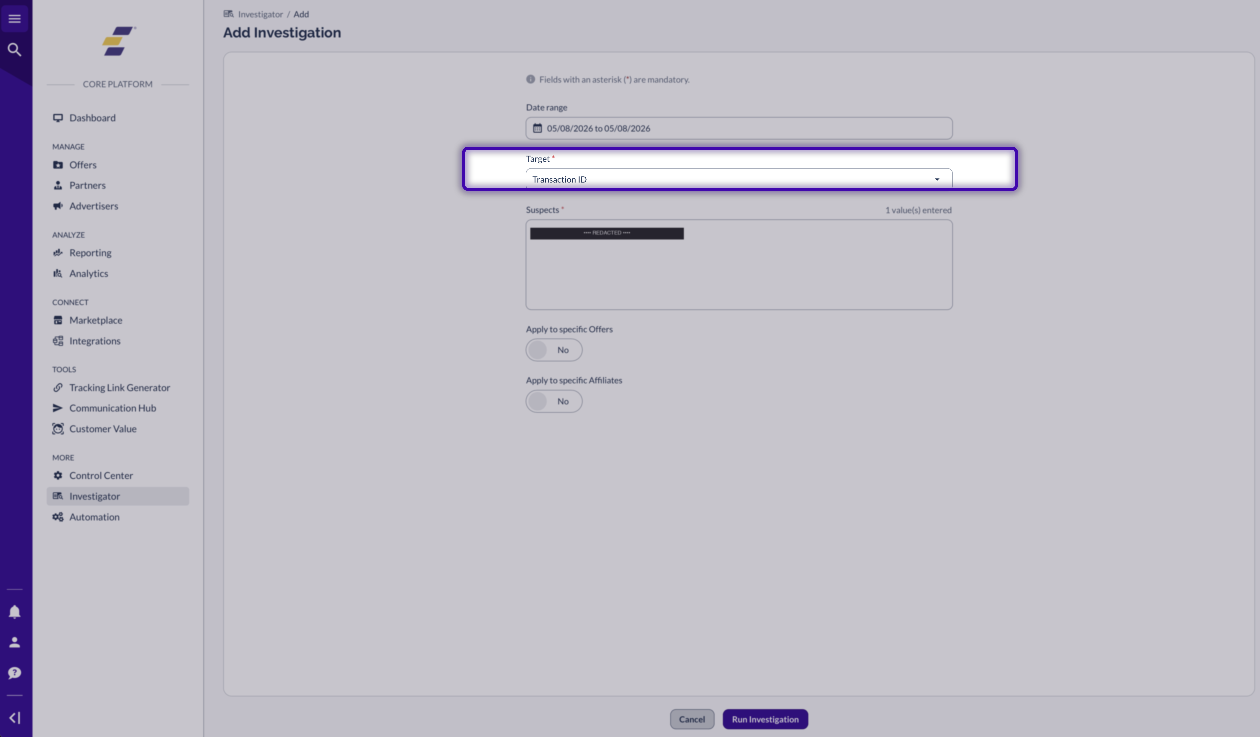 Investigator Add Investigation form with Target set to Transaction ID