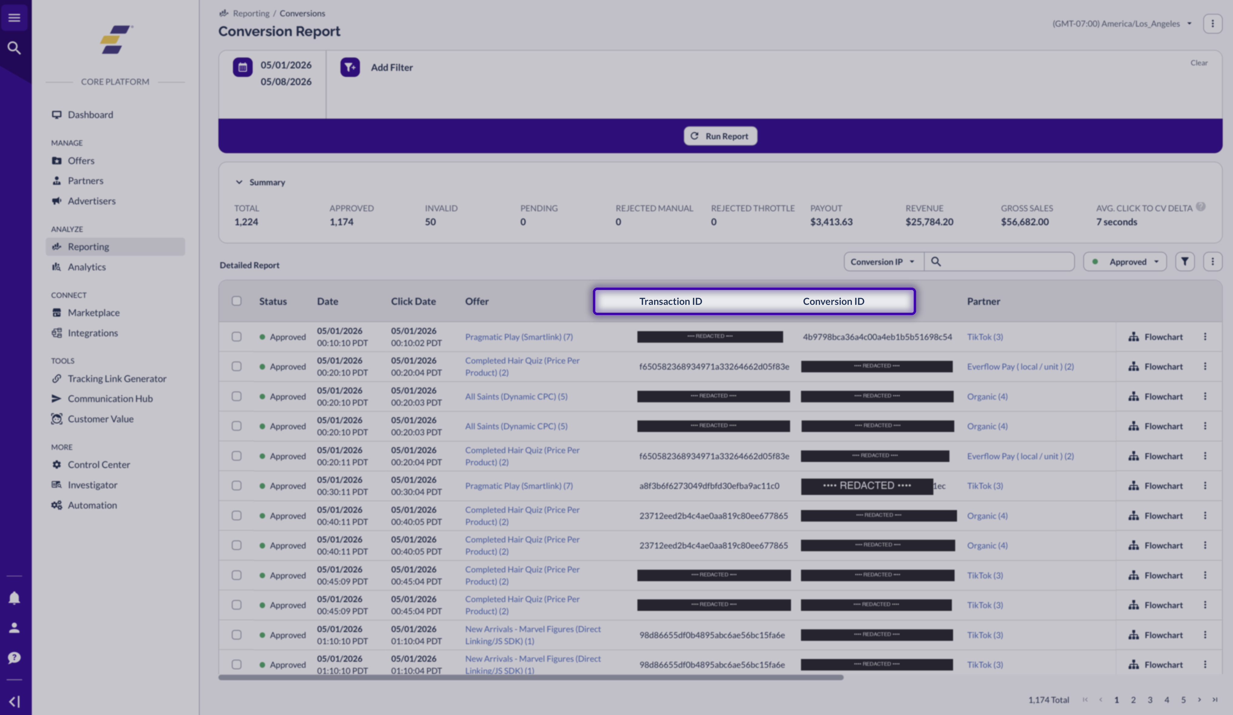 Conversion Report showing Transaction ID and Conversion ID columns side-by-side