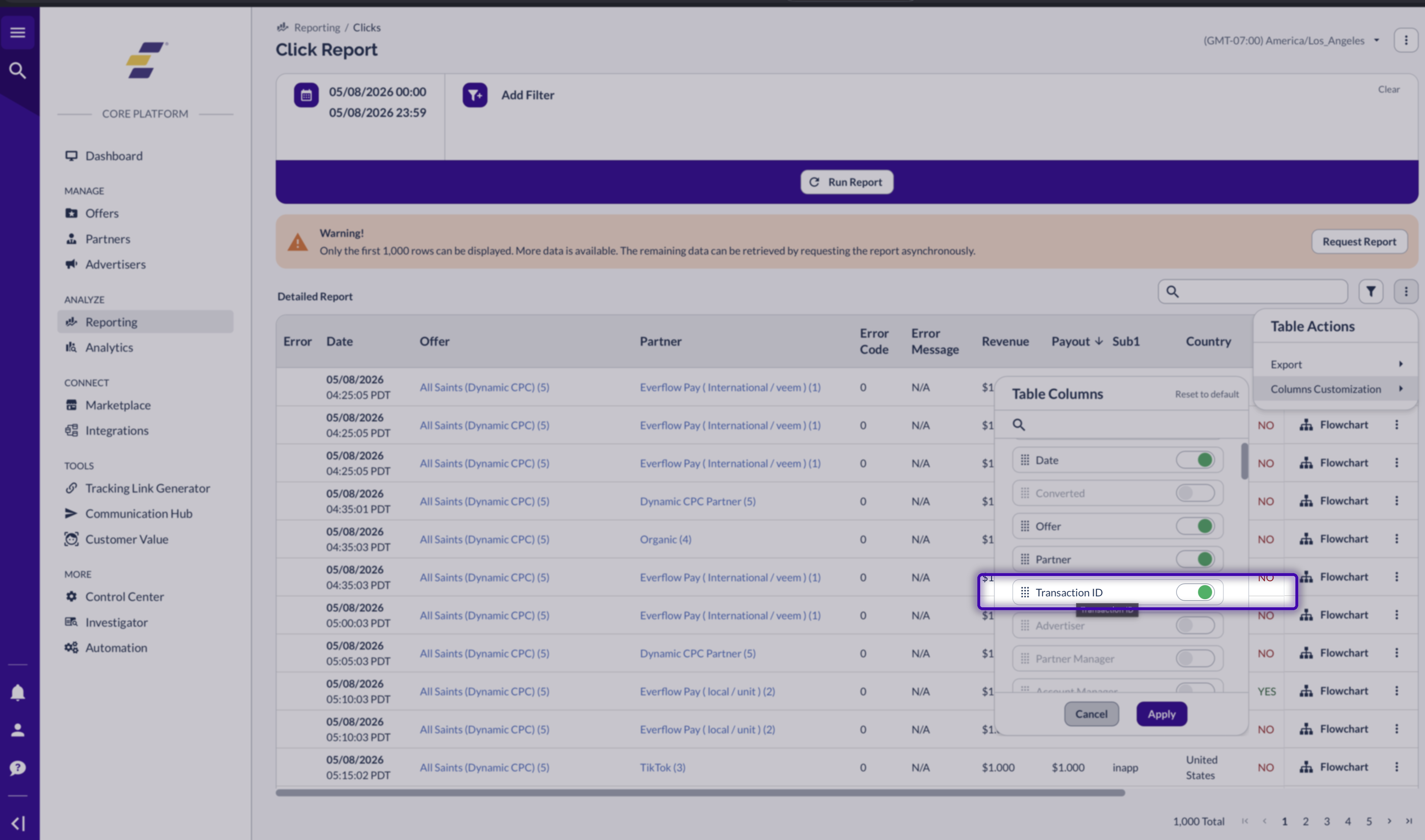 Click Report Column Customization modal with Transaction ID toggle highlighted