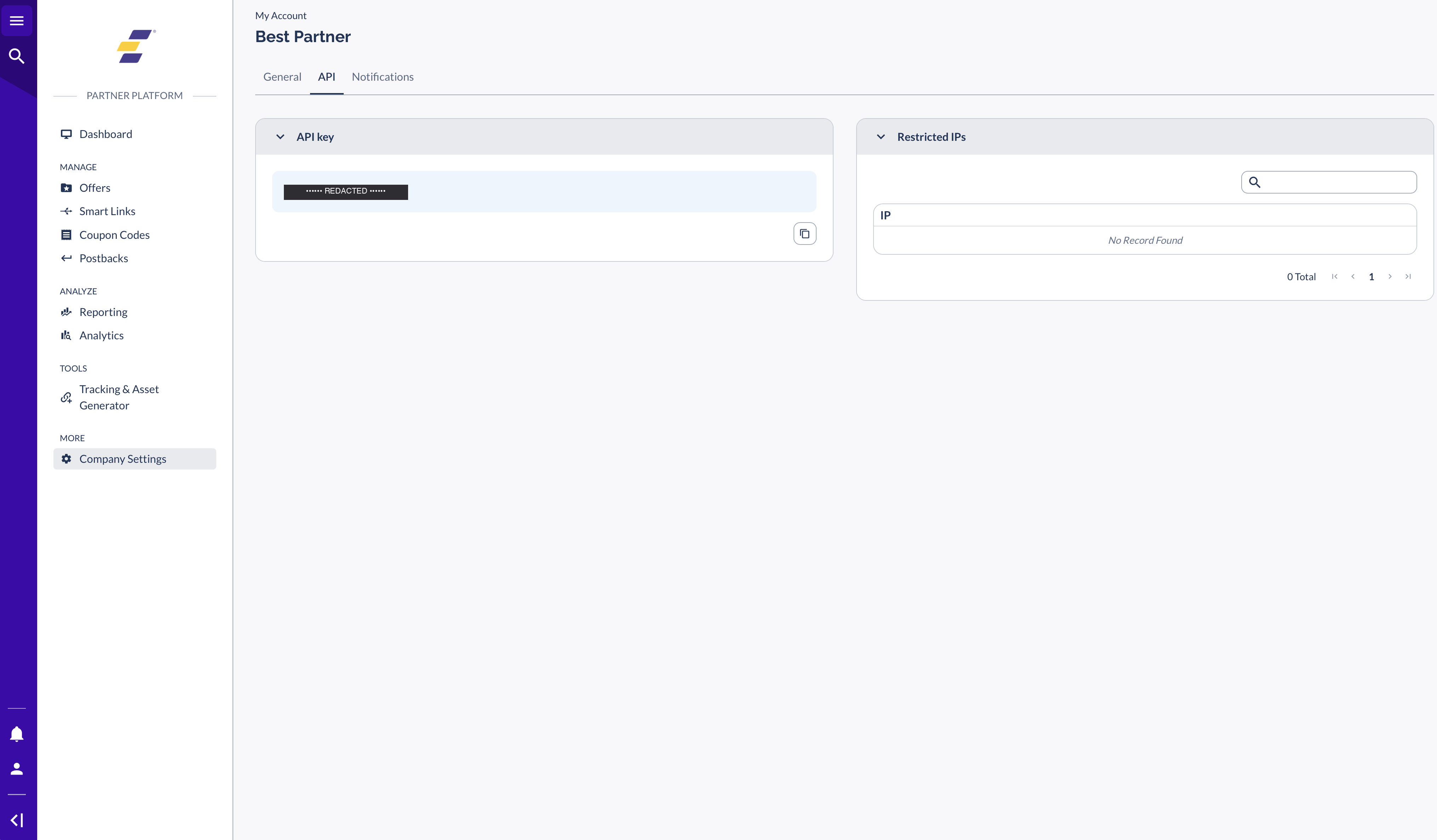 Partner Platform My Account API tab showing the partner-side view of the API key card