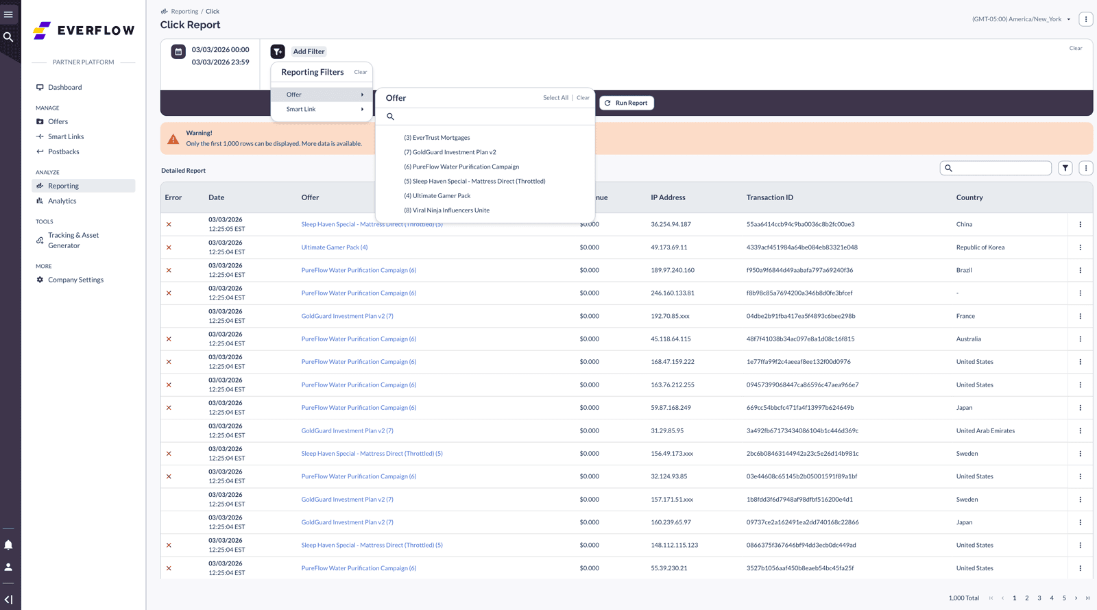Click Report interface with Reporting Filters dropdown showing offer and smart link filter options