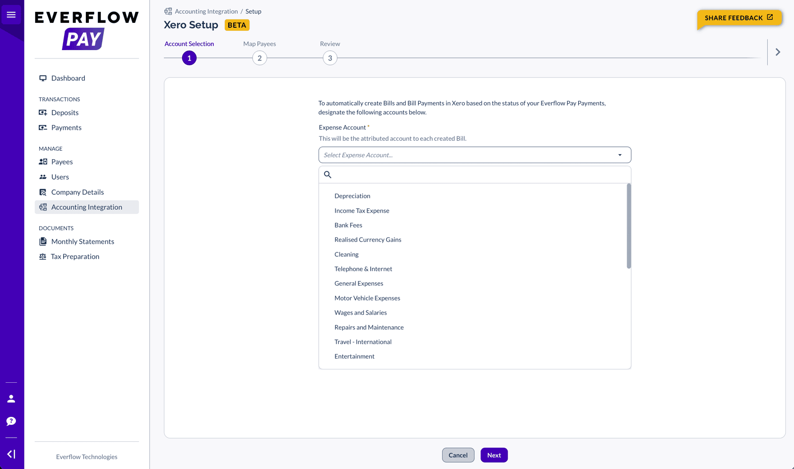 Account Selection step showing Expense Account dropdown