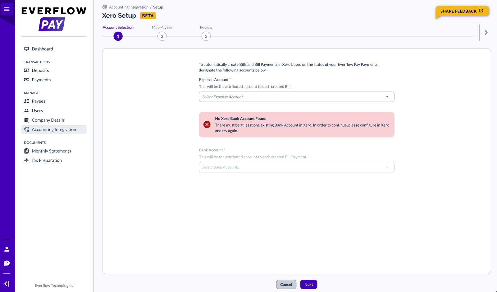 Error showing No Bank Account Found