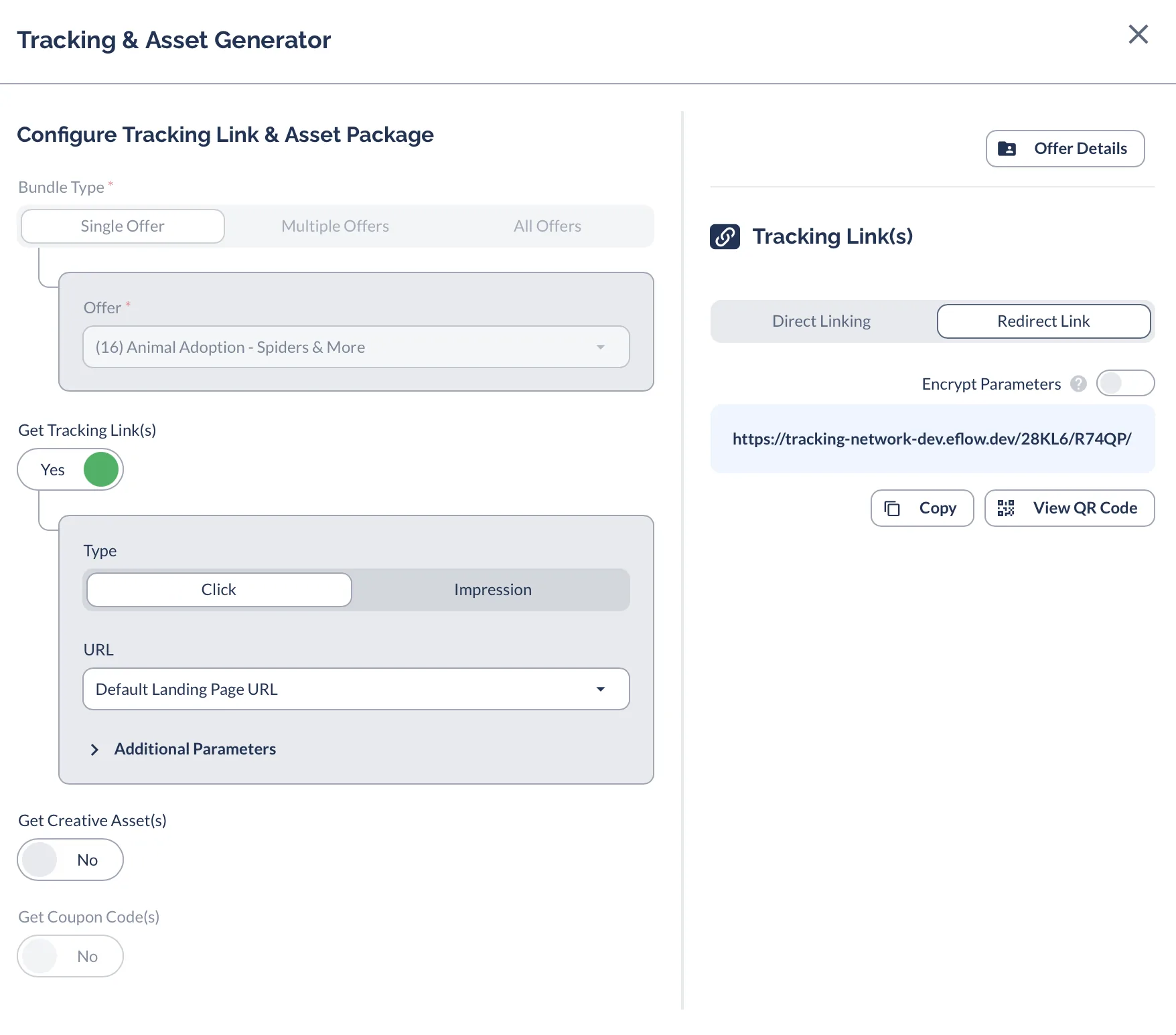 Tracking and Asset Generator showing a Redirect Link URL that routes through Everflow server