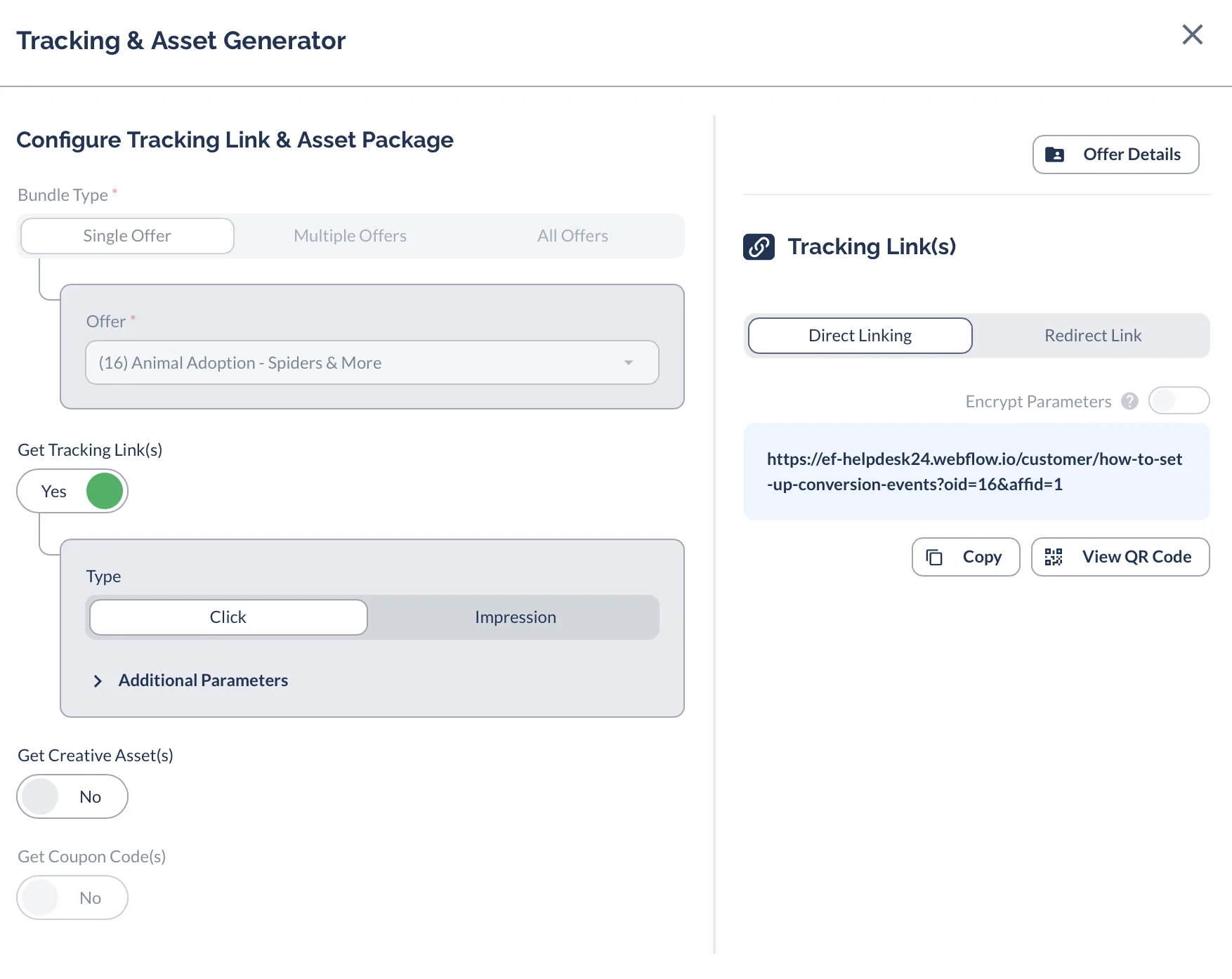 Tracking and Asset Generator showing a Direct Link URL that points straight to the advertiser site
