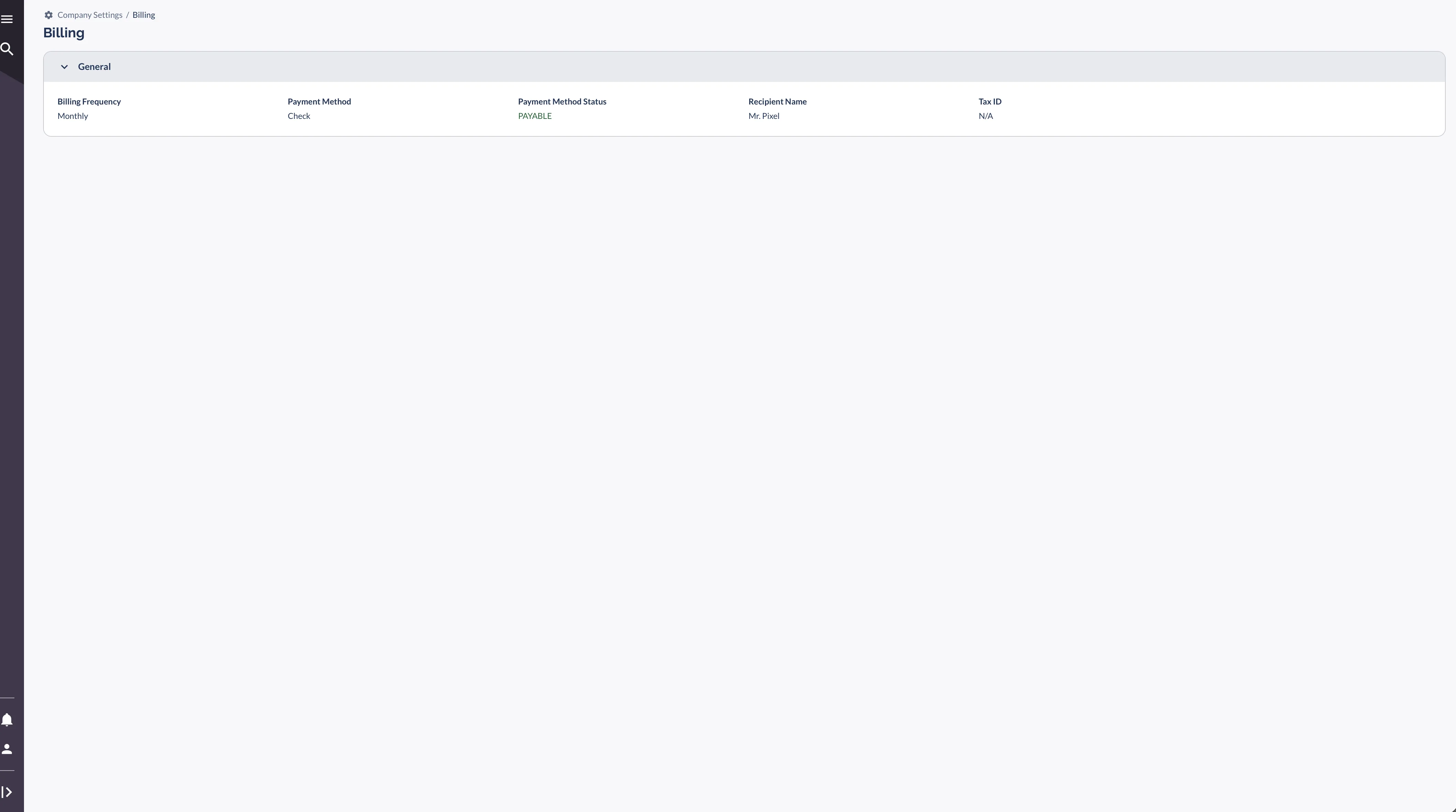 Billing page showing payment frequency, payment method, payment status, recipient name, and tax ID fields