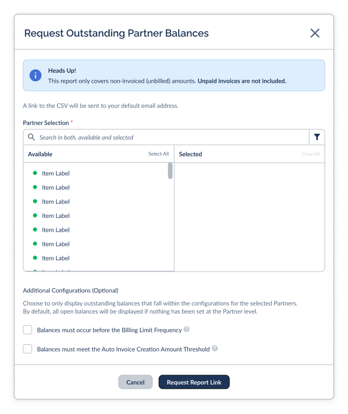 Request Outstanding Partner Balances modal showing the Heads up! callout