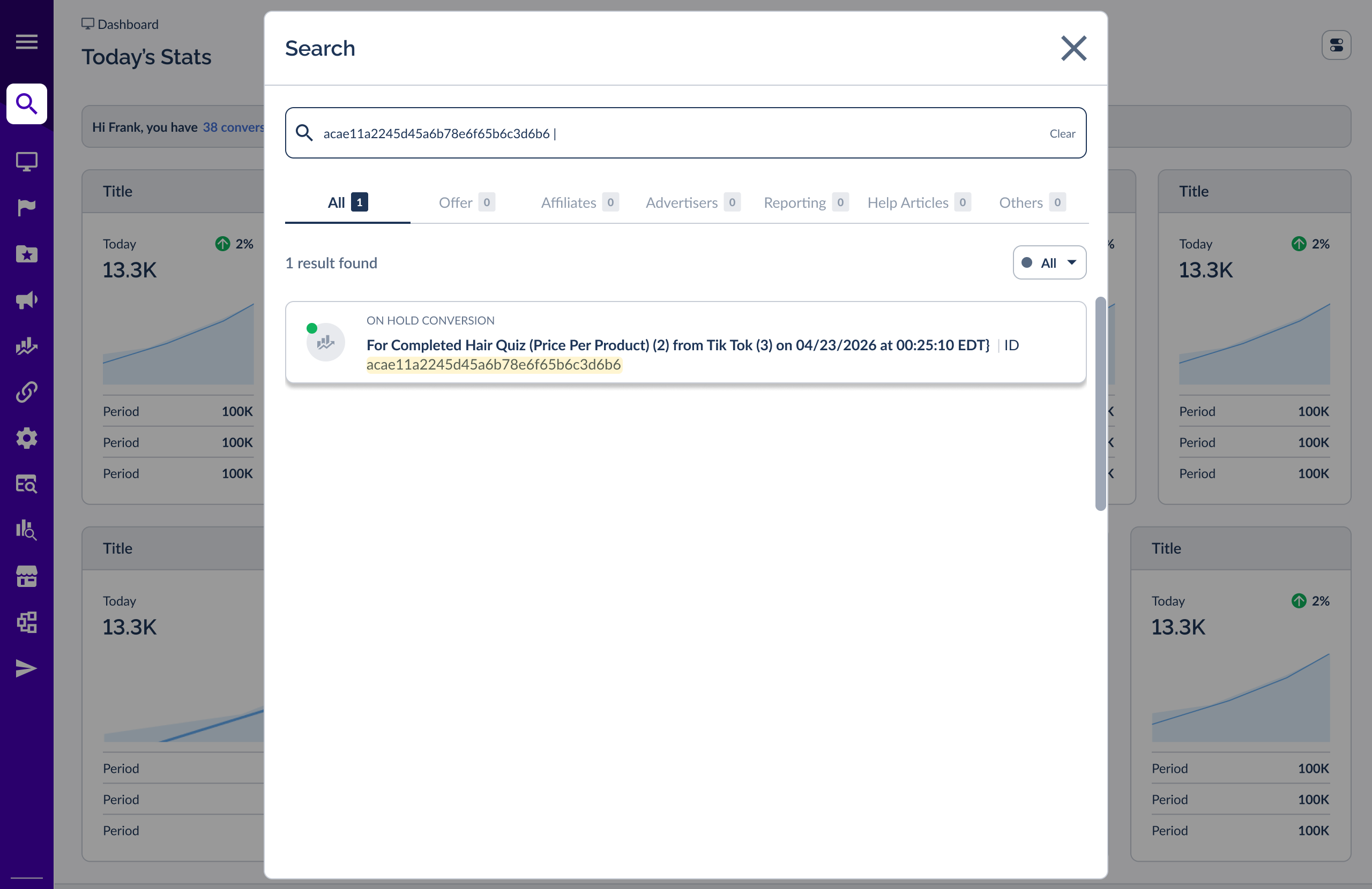 Searching by On-Hold Conversion ID in the Everflow Search panel