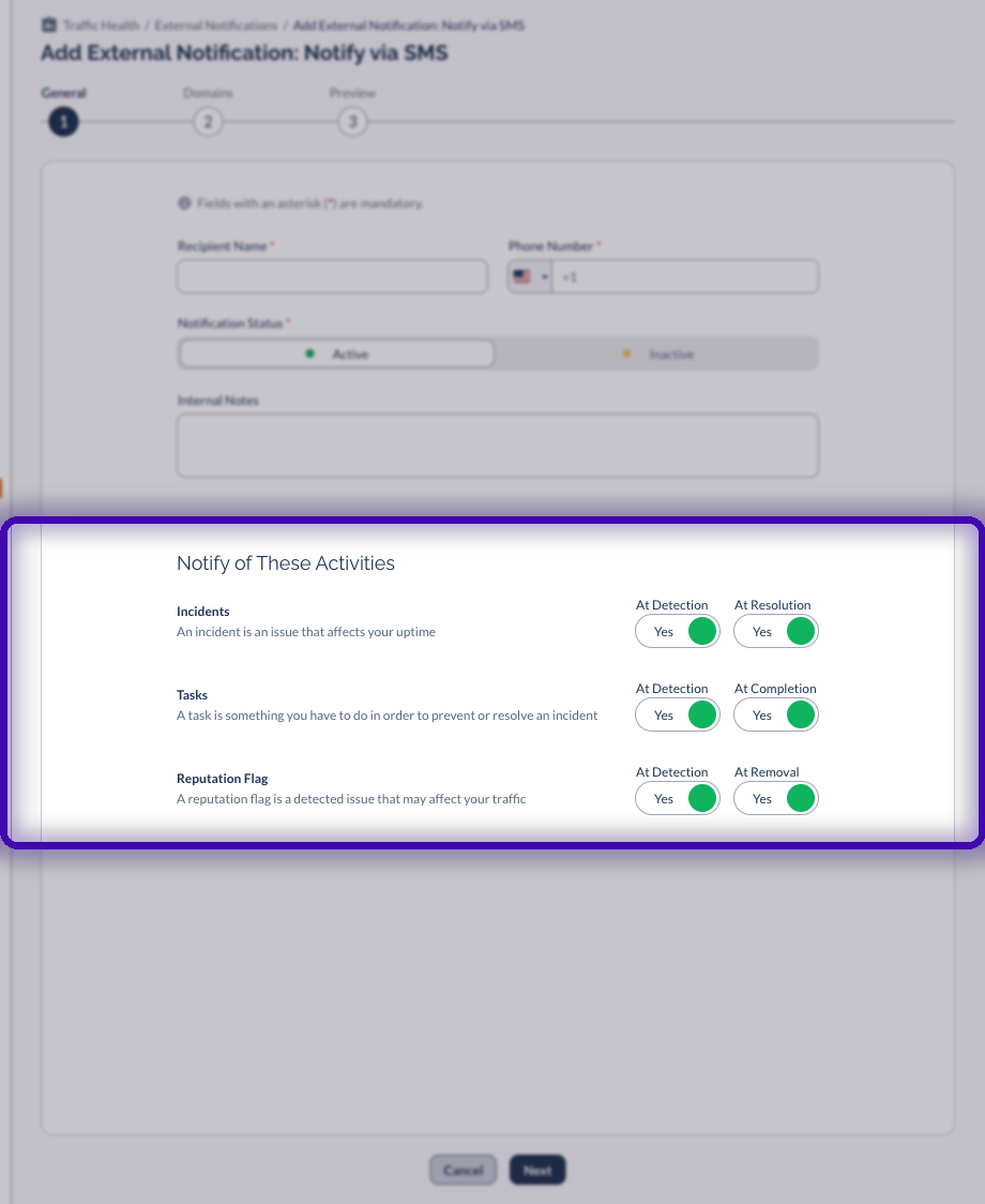 The Notify of These Activities section with the Incidents, Tasks, and Reputation Flags toggles