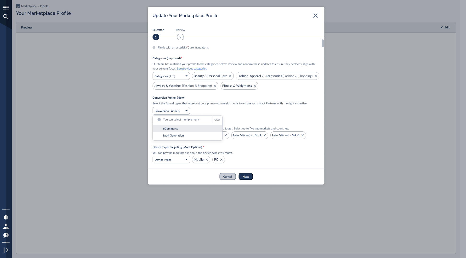 Advertiser Profile Step 1: Categories, Conversion Funnel, Geolocations Targeting, Device Types Targeting with dropdown options