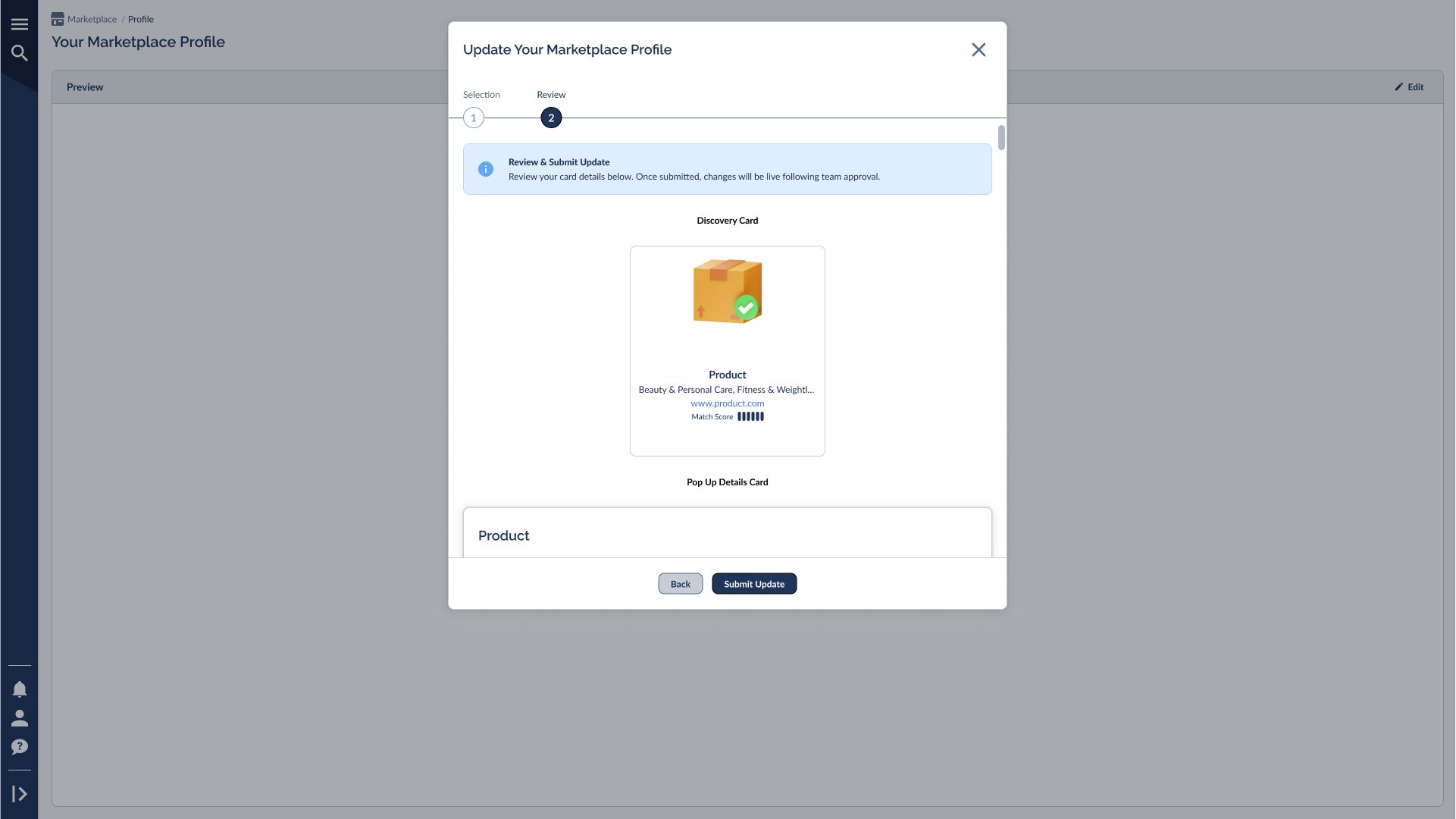 Review step showing Discovery Card preview and Pop Up Details Card with Submit Update button