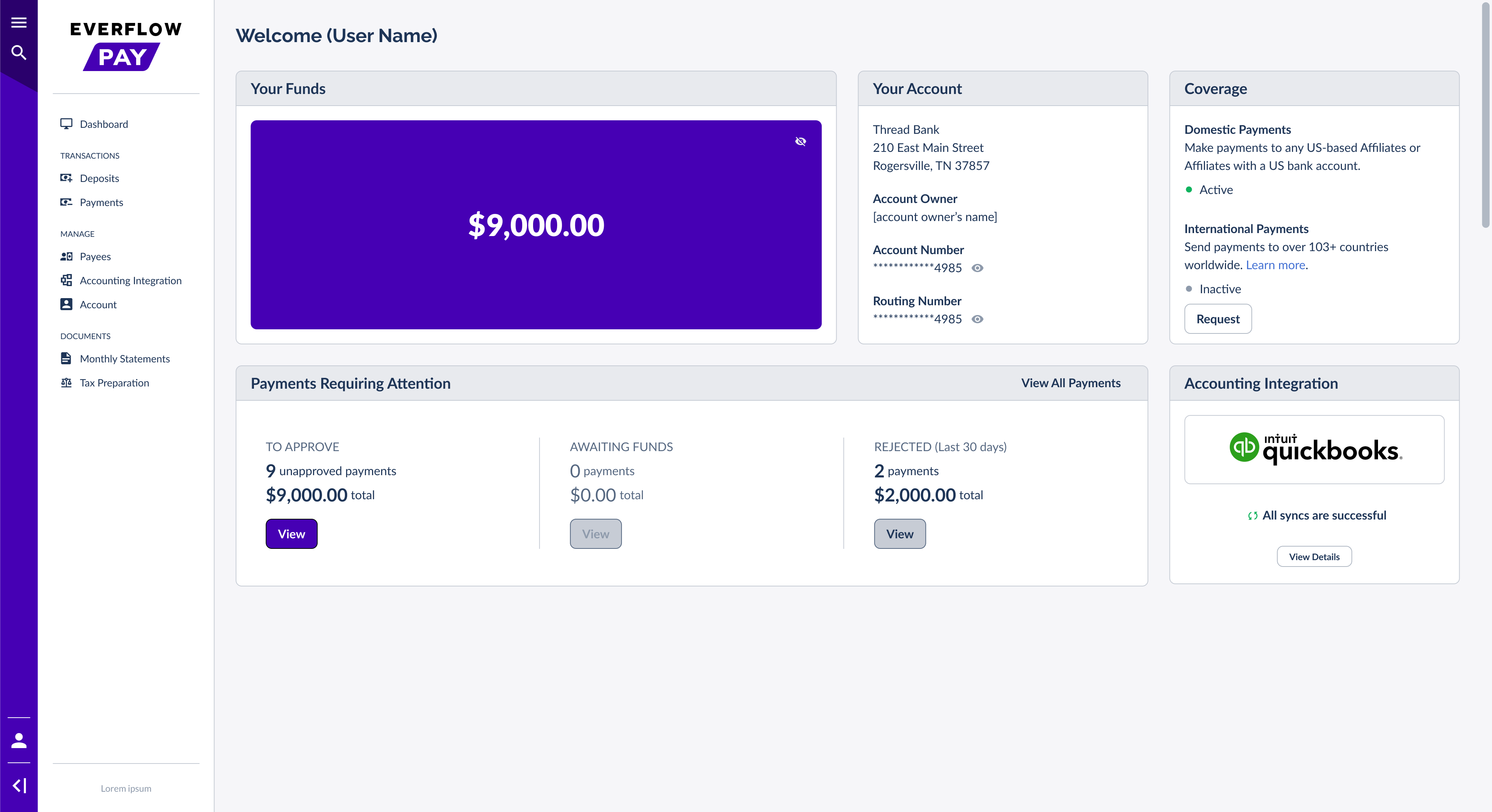 Everflow Pay Dashboard showing Accounting Integration card with All syncs are successful status