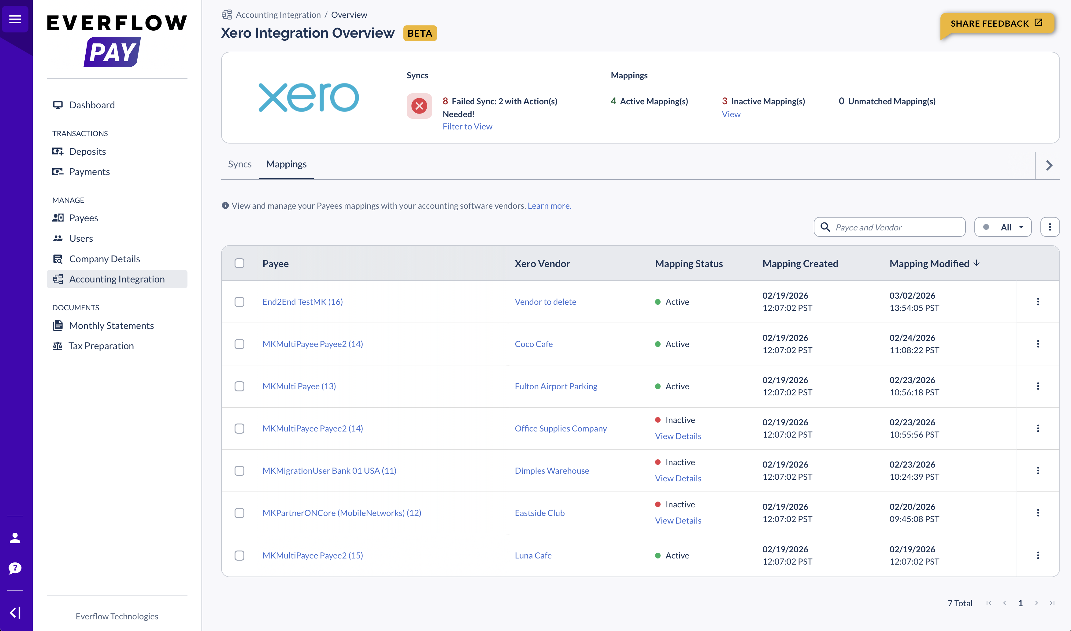 Mappings tab showing Payee-to-Vendor mapping table with Active and Inactive statuses