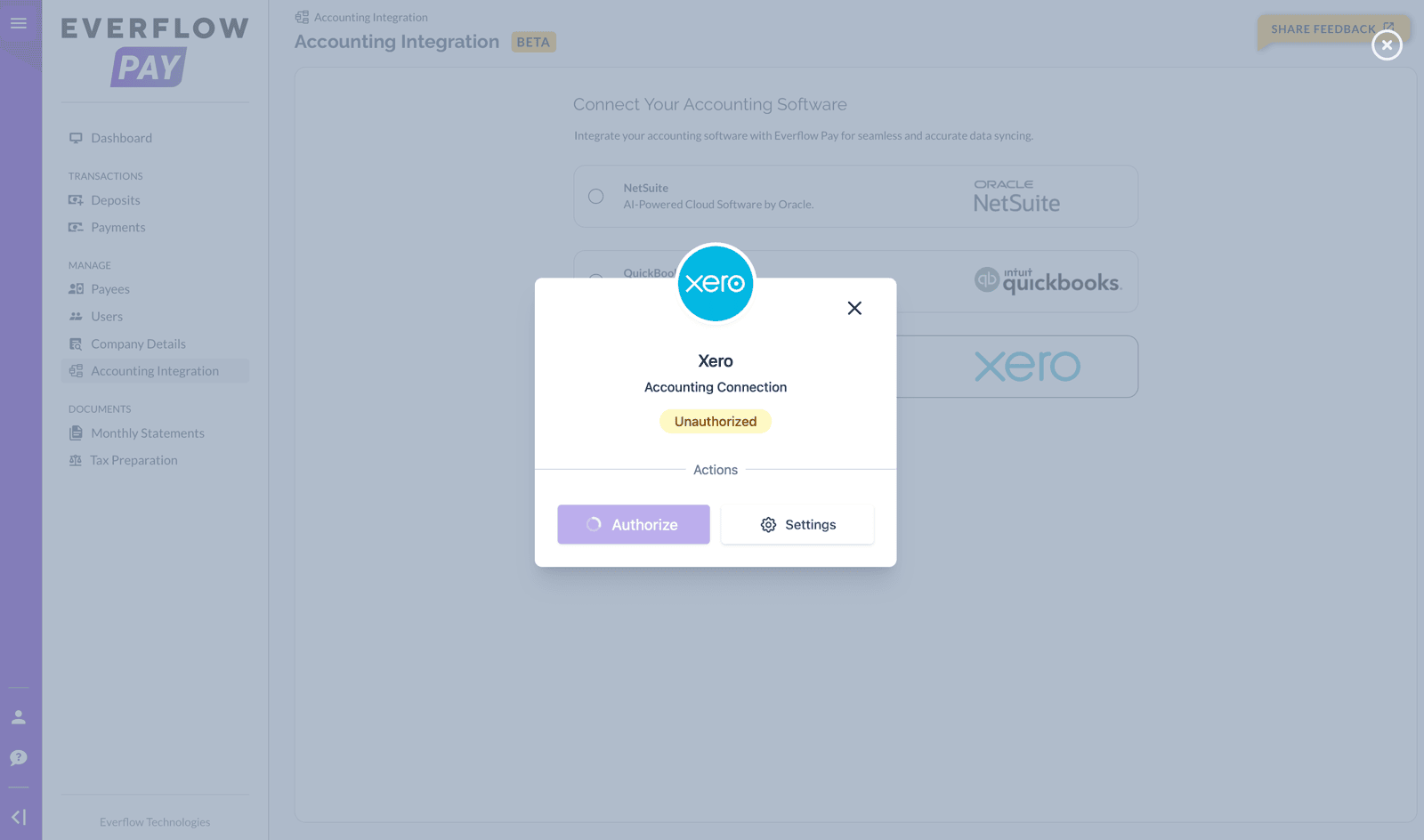 Xero Vault showing Accounting Connection with Authorize button