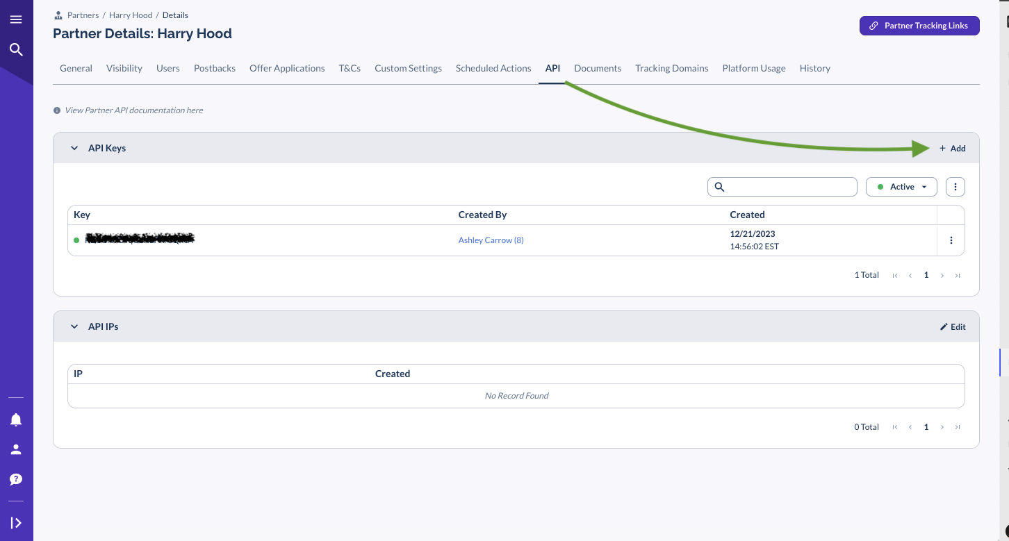 Partner API tab in Everflow with the Add API key button