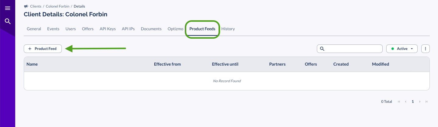 Product Feeds tab on an Everflow advertiser with the add Product Feed button
