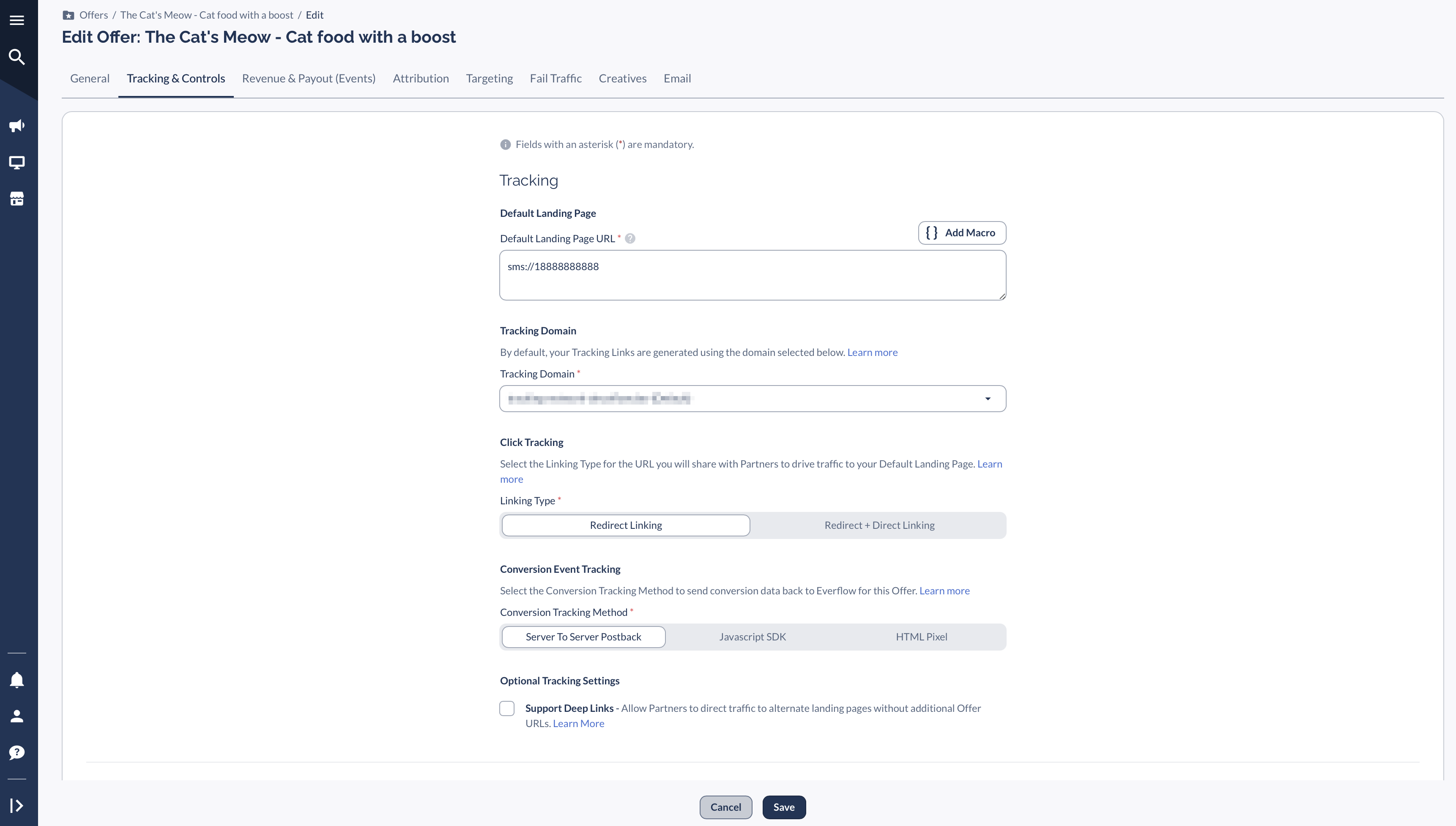 Everflow offer with the Default Landing Page URL set to an SMS link