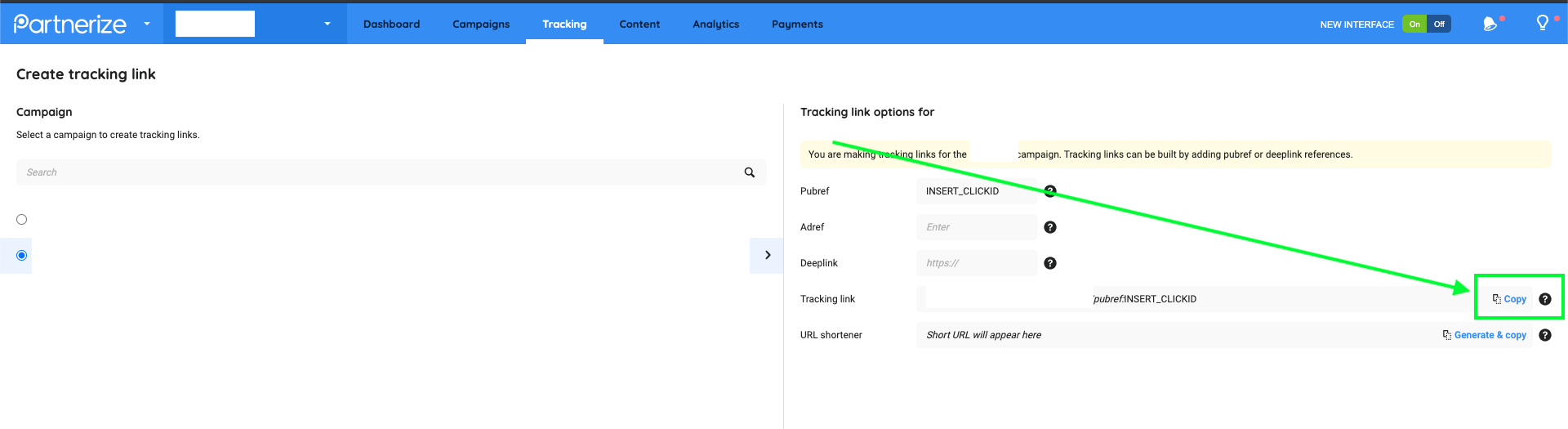 Partnerize tracking page showing the tracking link to copy