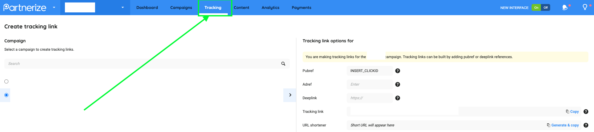 Partnerize dashboard showing the Tracking tab