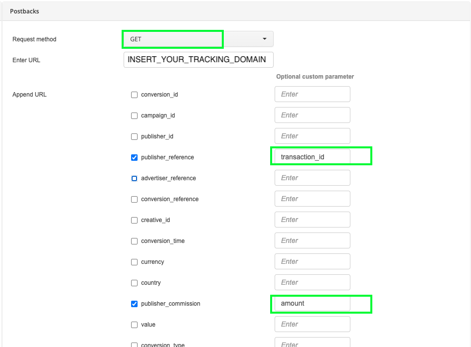 Partnerize postback configuration showing publisher_reference and transaction_id custom parameter fields