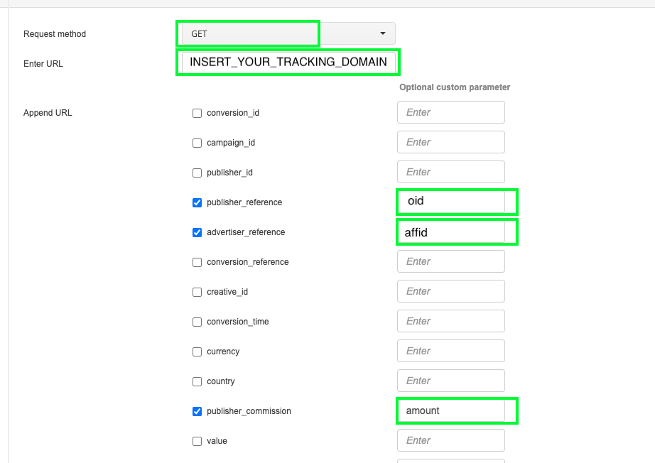 Partnerize postback configuration showing publisher_reference and advertiser_reference custom parameter fields