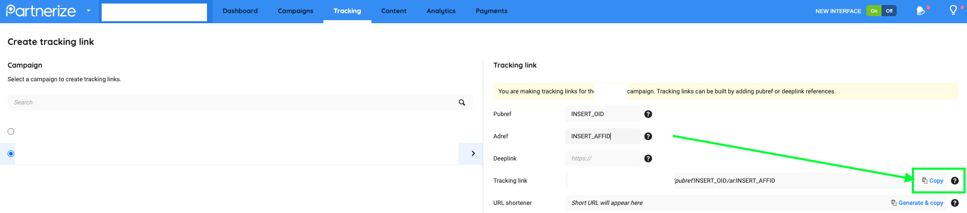 Partnerize tracking page showing the tracking link to copy