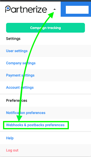 Partnerize menu showing the Webhooks and postbacks preferences option