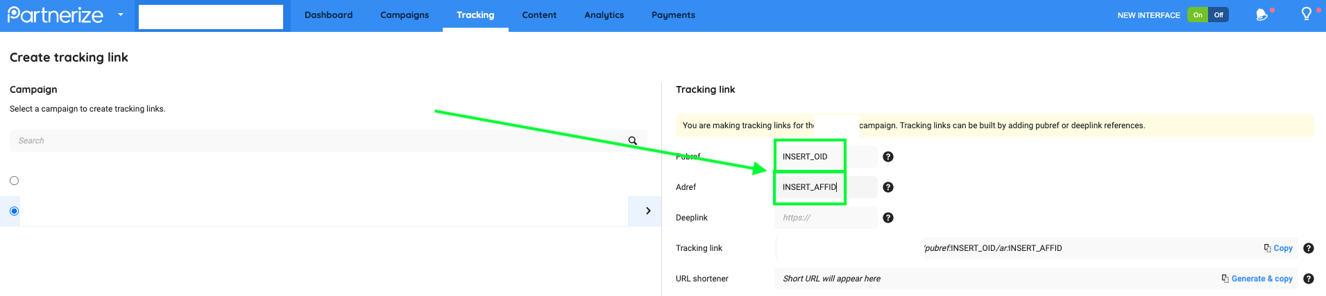 Partnerize tracking setup showing INSERT_OID in the Pubref field and INSERT_AFFID in the Adref field