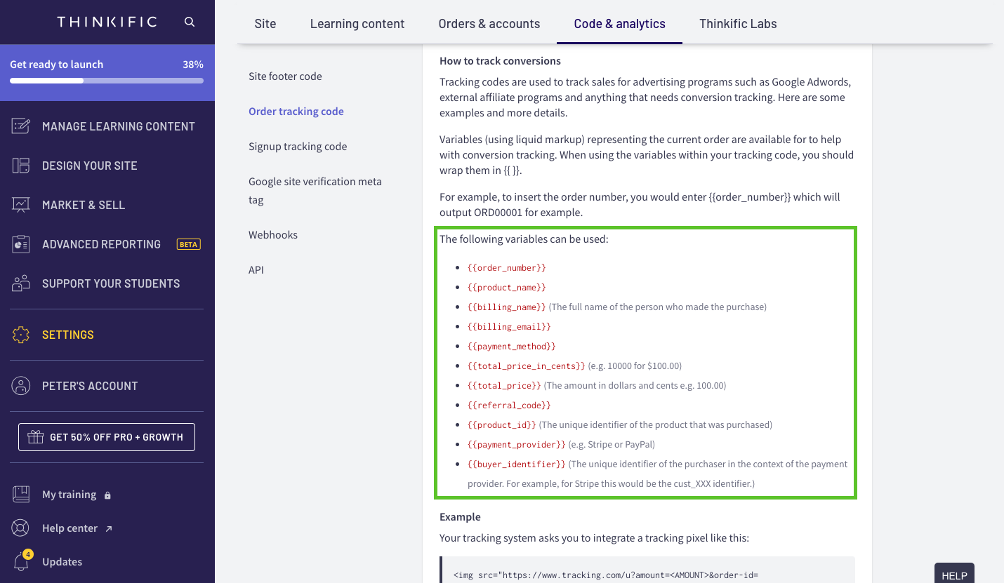 Thinkific how to track conversions section showing supported variables to pass into Everflow