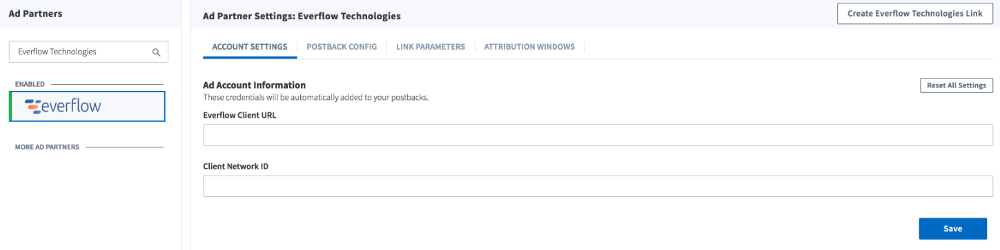 Branch dashboard Partner Management with Everflow conversion domain and Network ID fields