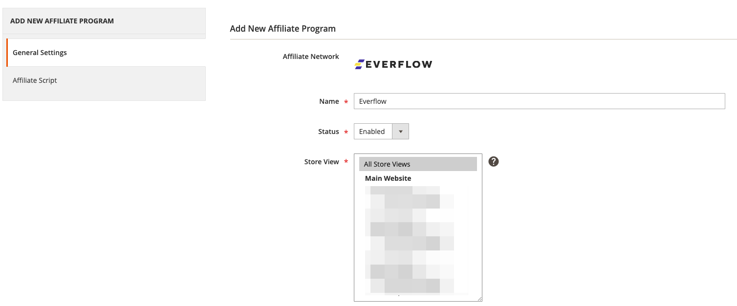 Magento 2 affiliate General Settings enabled for All Store Views