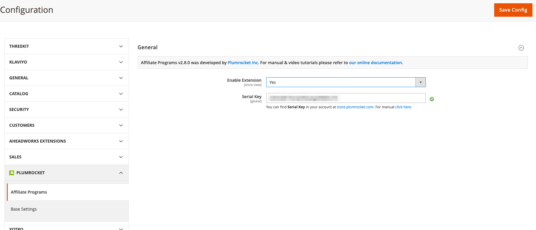 Magento 2 extension settings with Enable Extension and Serial Key fields