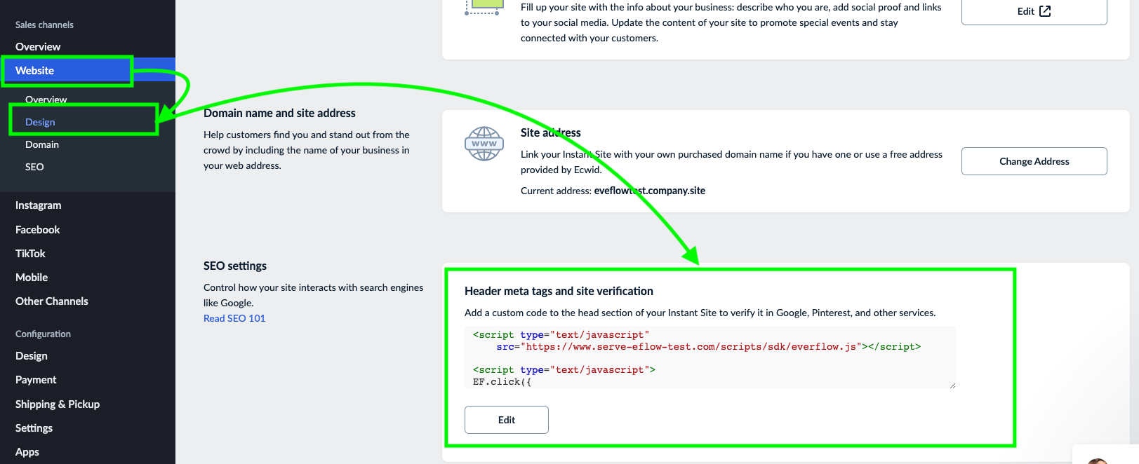 Ecwid Website Design SEO settings section with the click code pasted in