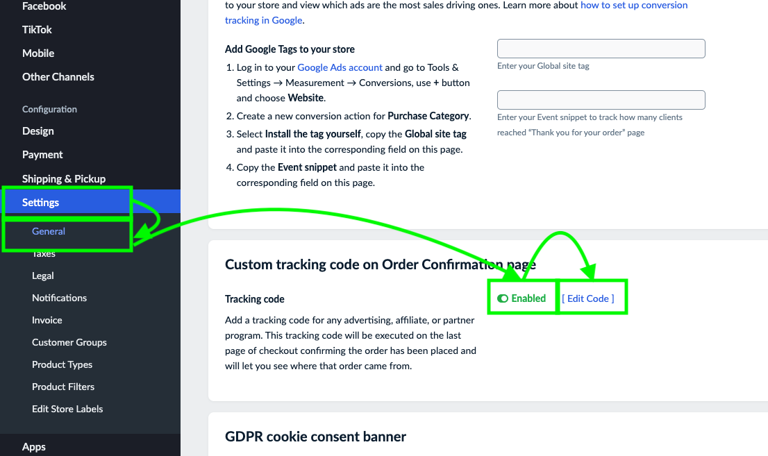 Ecwid Settings General custom tracking code on Order Confirmation page with the conversion code
