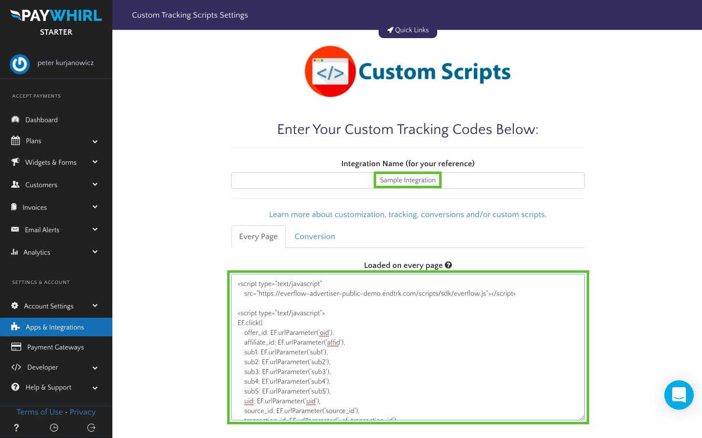 PayWhirl Custom Tracking Scripts integration with the Everflow Click Script pasted
