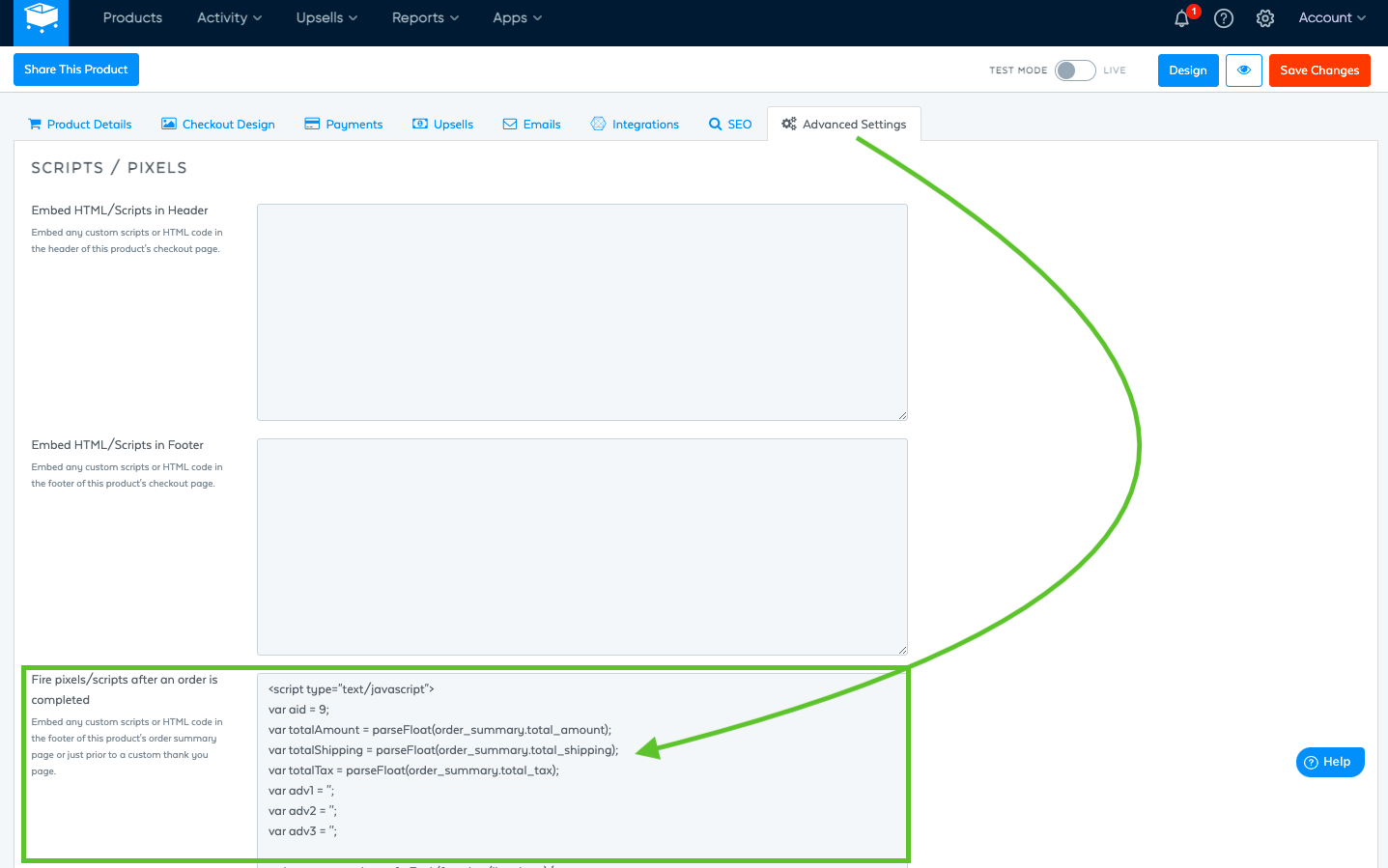 SamCart Advanced Settings tab for firing pixels and scripts after an order