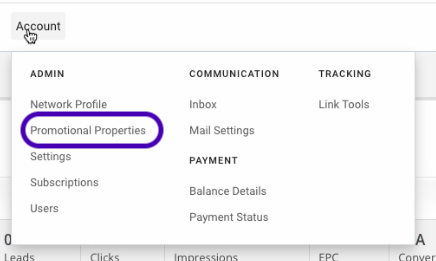 Commission Junction Promotional Properties dropdown selection